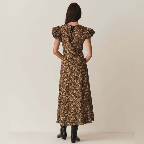 Doen Rhodia Cotton Crew Neck Short Puff Sleeve Maxi Dress Noir Narcissus Floral - Picture 3 of 13